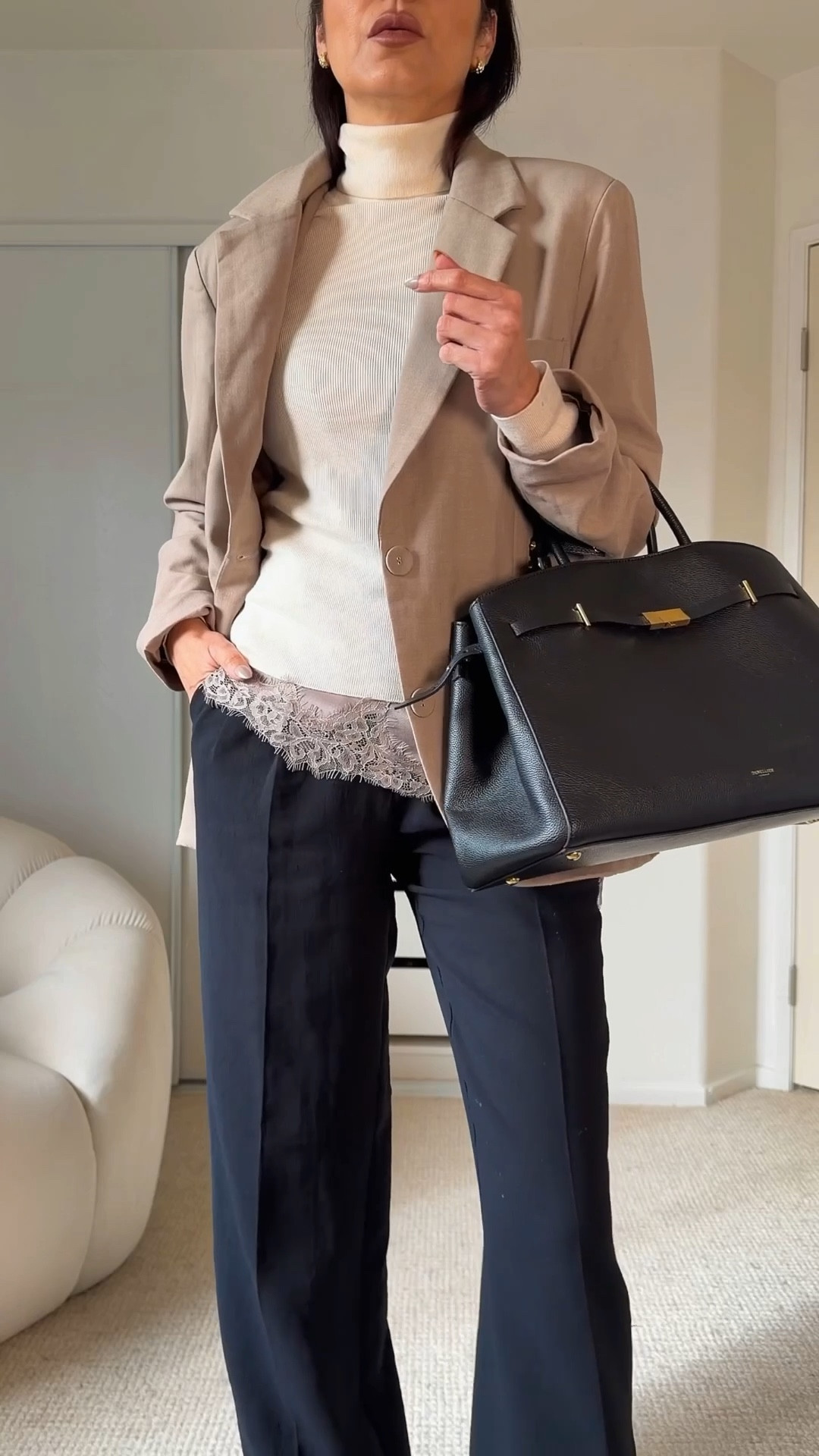 Officially back to work in 2026—here’s some outfit inspiration to start strong.

The black trousers are from Nordstrom with a great wide leg fit. Zara lace top and a cashmere @lilysilk turtleneck, finishing the look with this lightweight blazer by @heartloom . The heels are chanel inspired , true to size and comfortable for a long day at the office.

Outfit inspiration, back to work outfit, styling neutral outfits, what to wear, daily outfits, fashion over 40, fashion over 50, office outfit inspo

#LTKFindsUnder100 #LTKWorkwear
