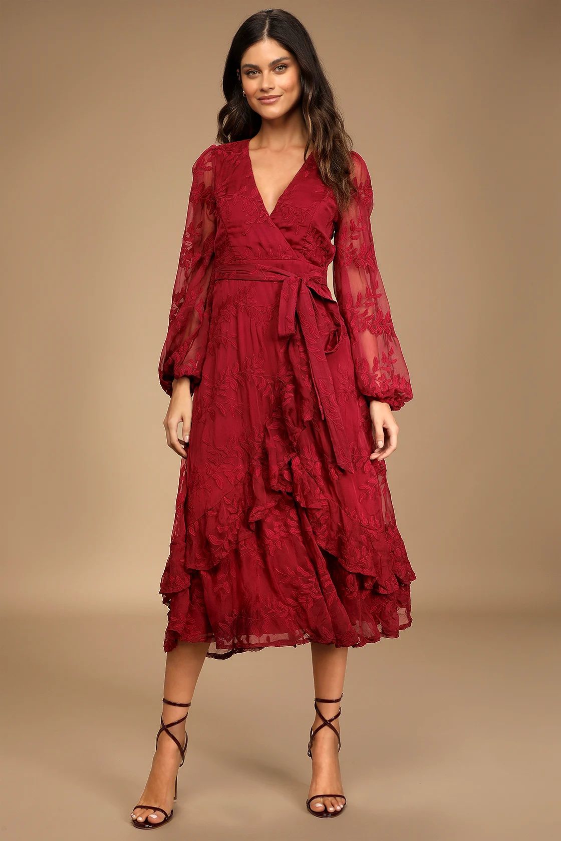 Spectacular Feeling Burgundy Embroidered Faux Wrap Midi Dress | Lulus (US)