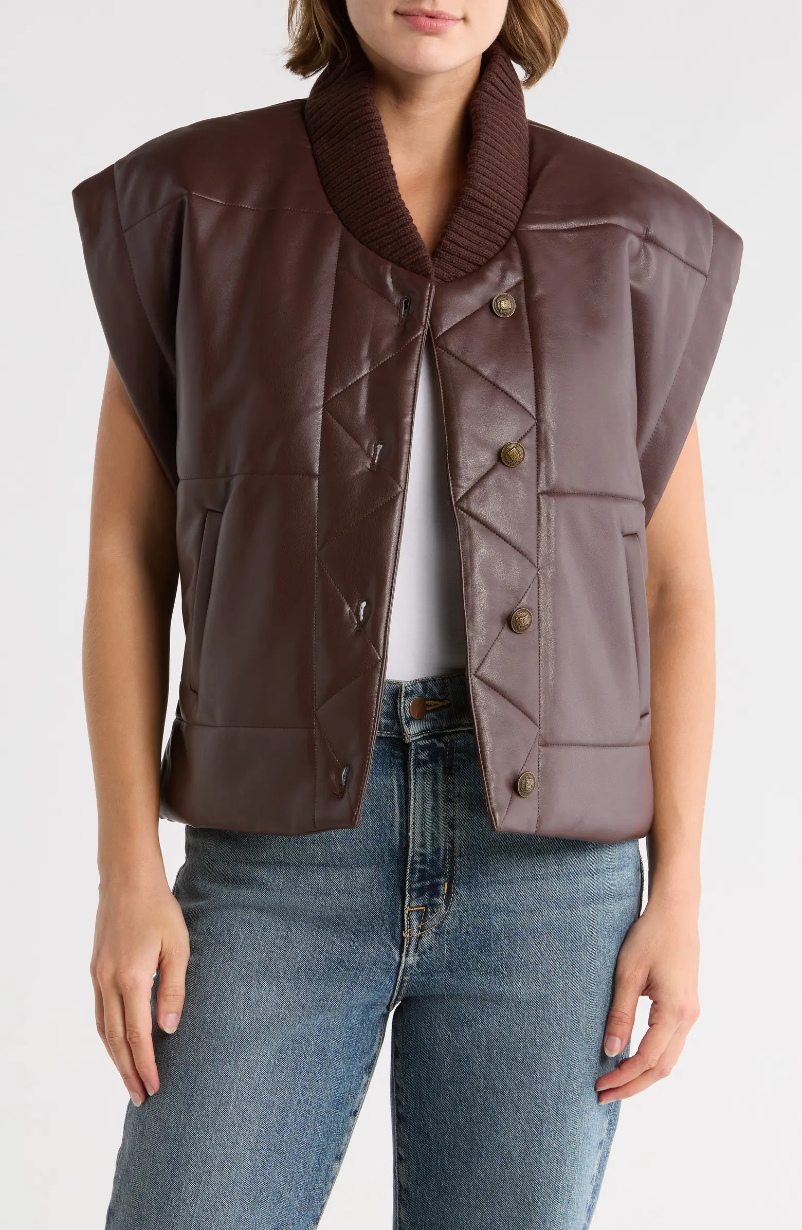 Faux Leather Cap Sleeve Quilted Vest | Nordstrom Rack
