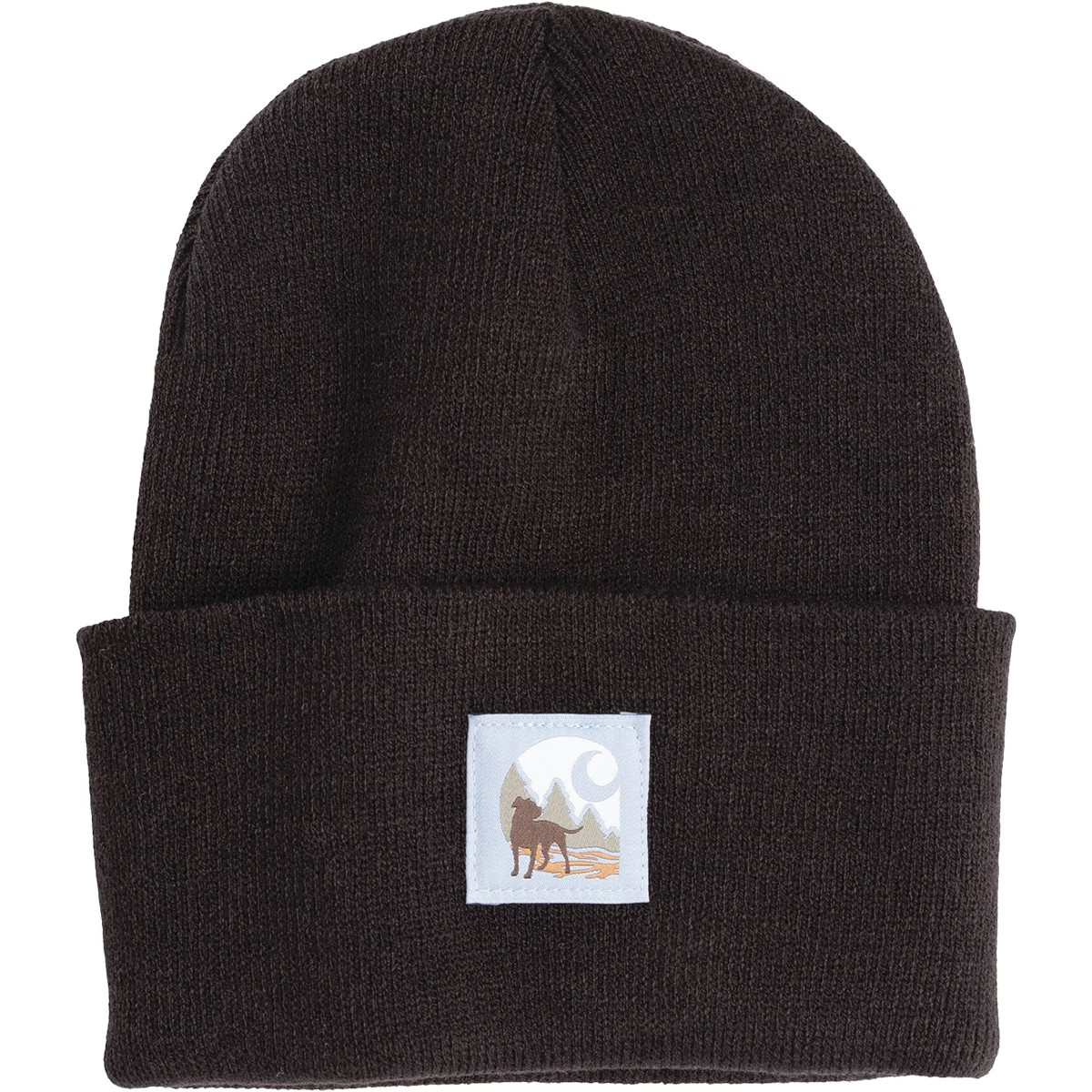 Carhartt Watch Cap Graphic Beanie, acrylic rib knit cuffed hat with dog and mountains patch