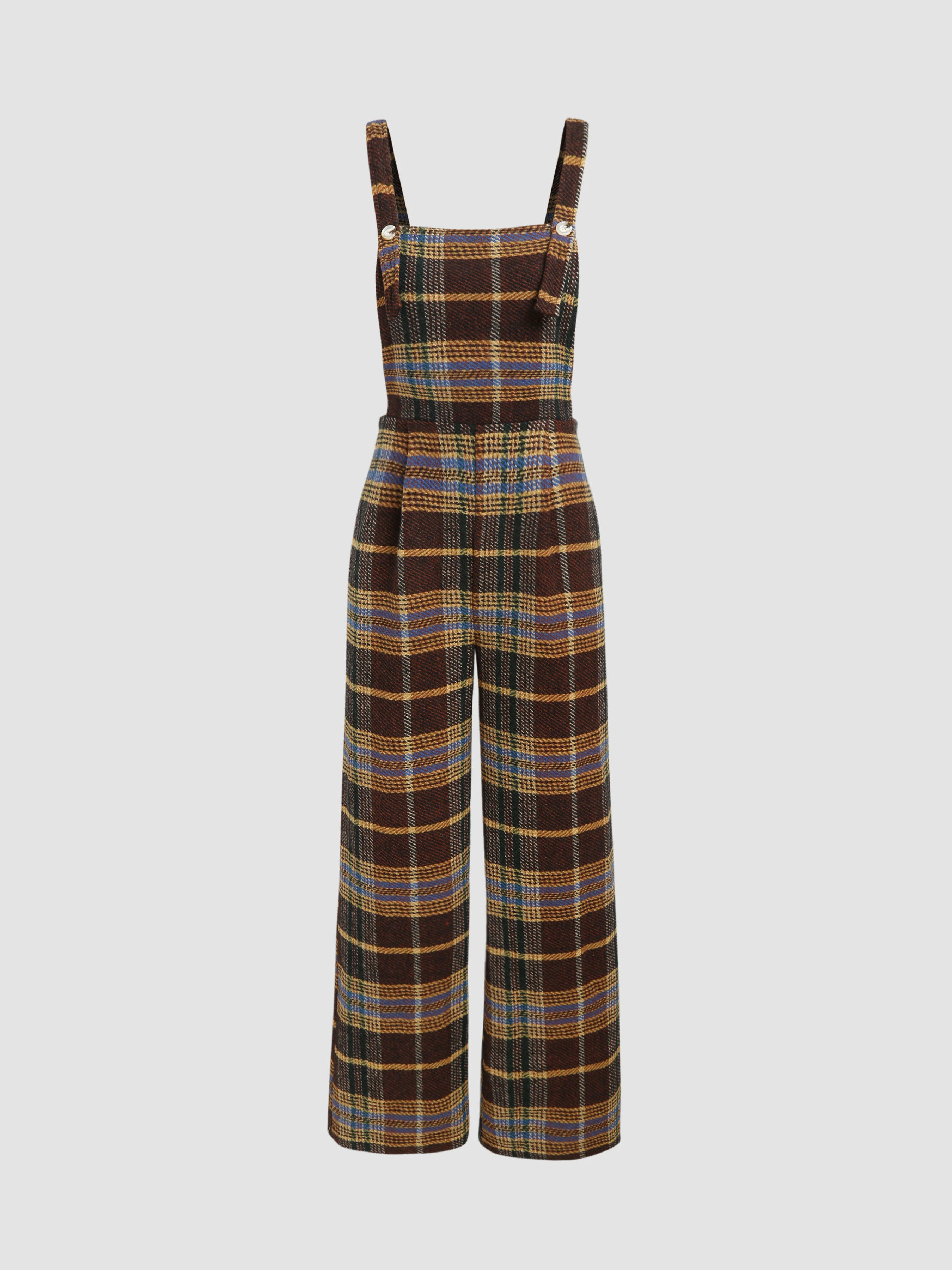 Preppy Countryside Core Tweed Tweed Plaid Button Up Wide Leg Jumpsuit For School Coffee Shop | Cider