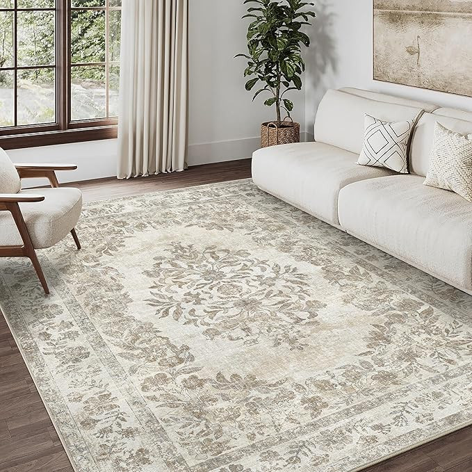 PureCozy 6x9 Area Rug Beige Washable Vintage Distressed Living Room Carpet Large Bedroom Indoor M... | Amazon (US)