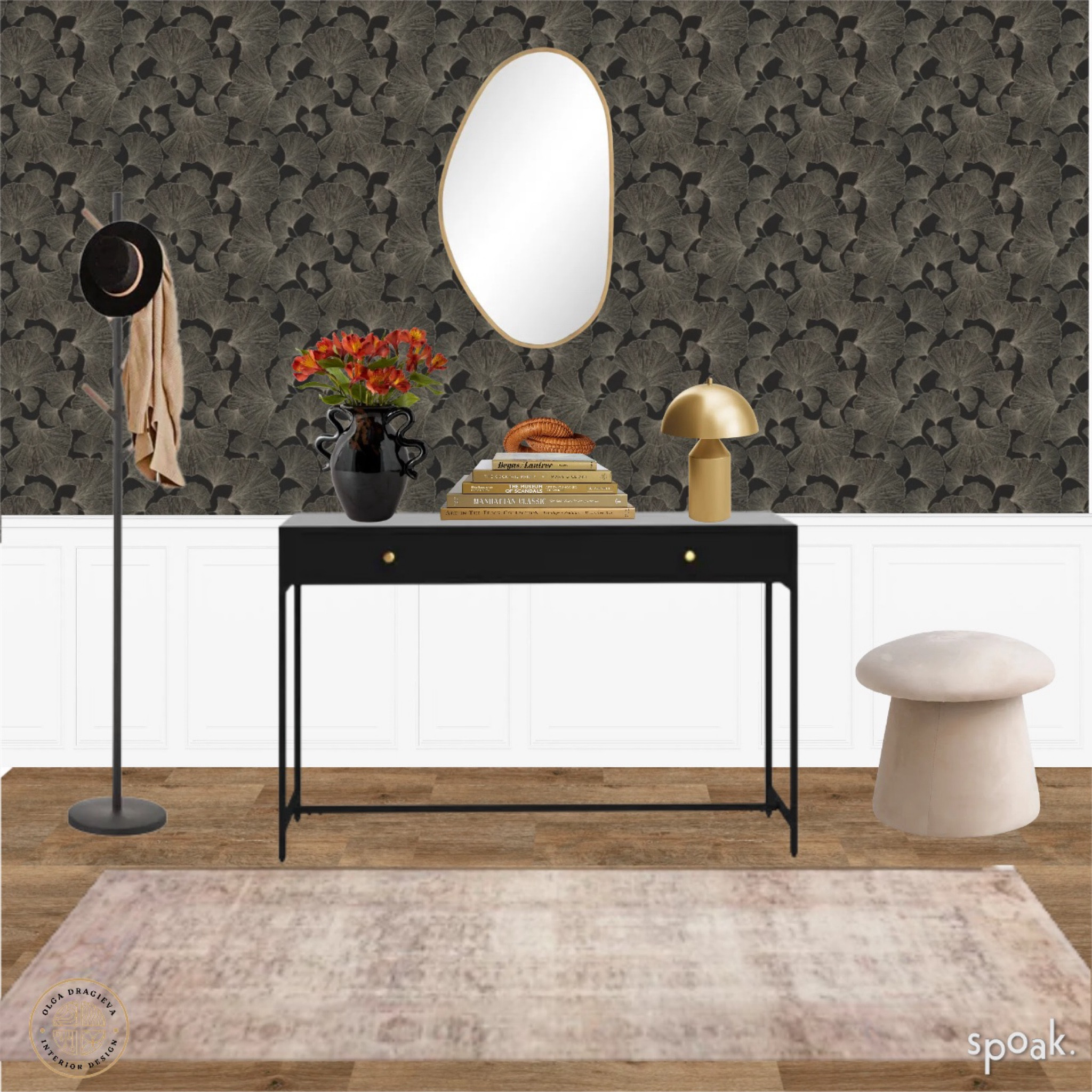 Moody Entryway Design/moodboard! Black console table, mushroom storage ottoman, irregular mirror, mushroom lamp, coat rack, dark floral wallpaper, oriental rug. #moodboard #interiordesign

#LTKhome #LTKstyletip #LTKSeasonal