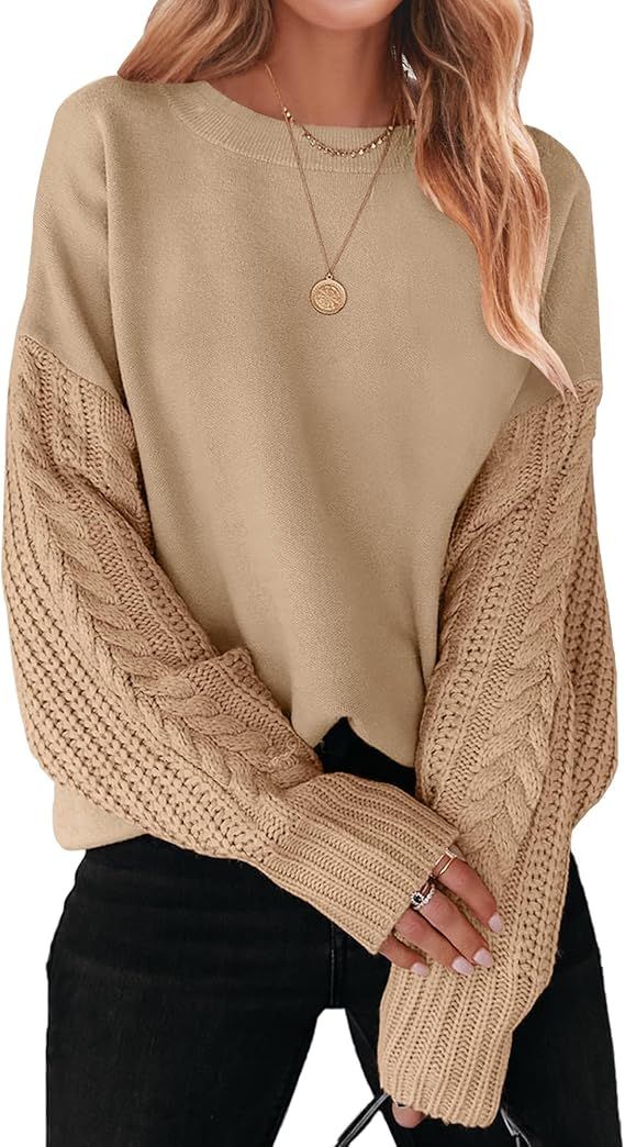 ZESICA Women's 2023 Fall Long Sleeve Crew Neck Solid Color Cable Knit Chunky Casual Oversized Pul... | Amazon (US)