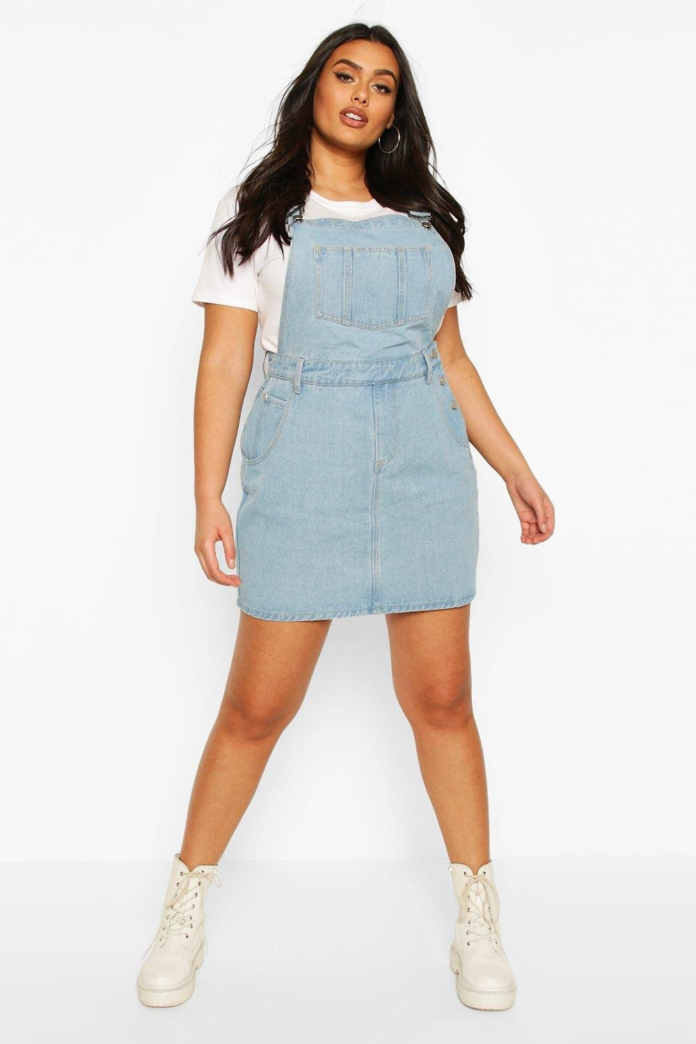 Womens Plus Denim Overall Frayed Hem Pinafore Dress - Grey - 22 | Boohoo.com (US & CA)