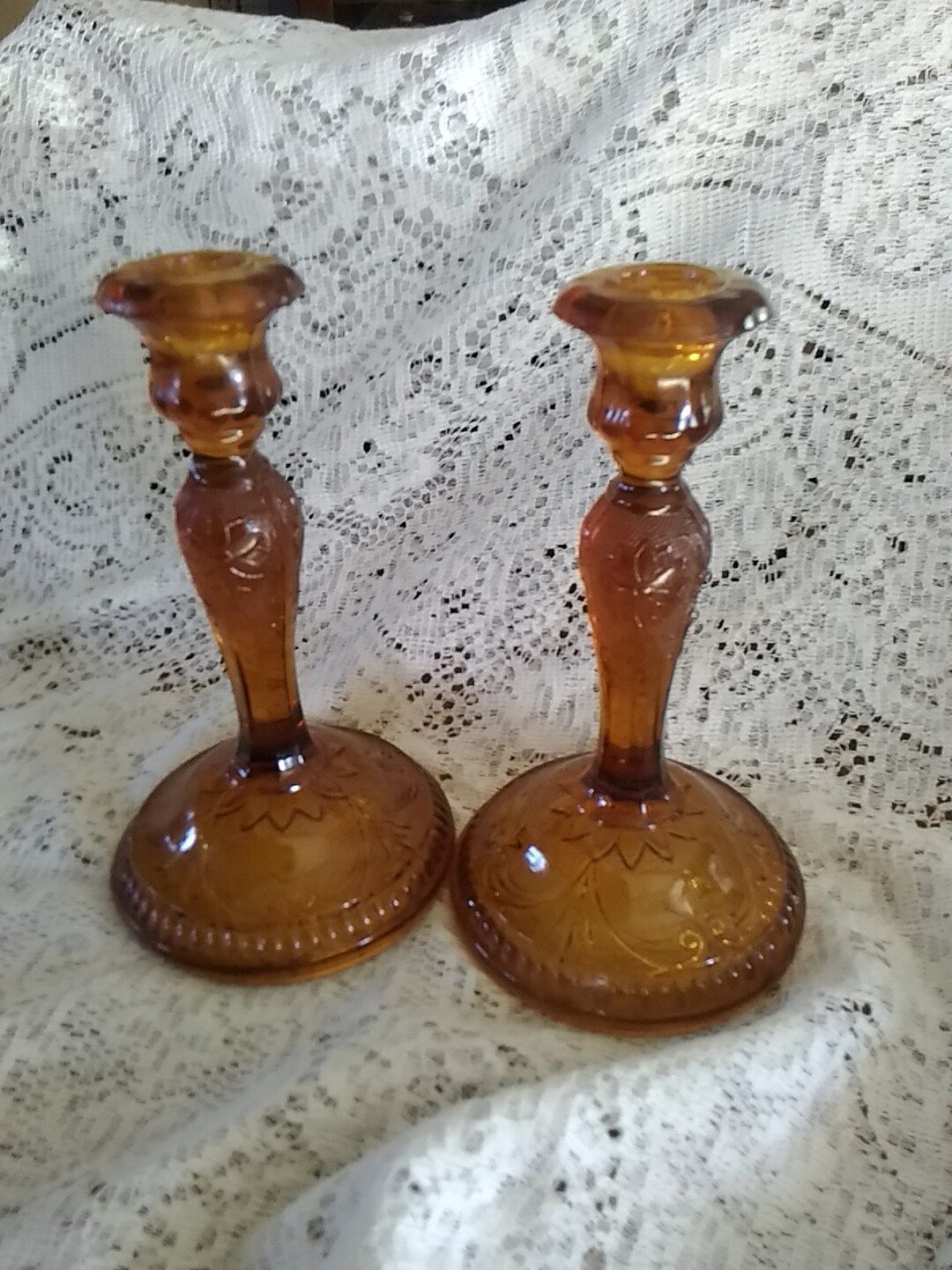 A set of 2 matching 8.5 inch tall Tiara Glass Sandwich Glass amber candle stick holders by Indiana g | Etsy (AU)
