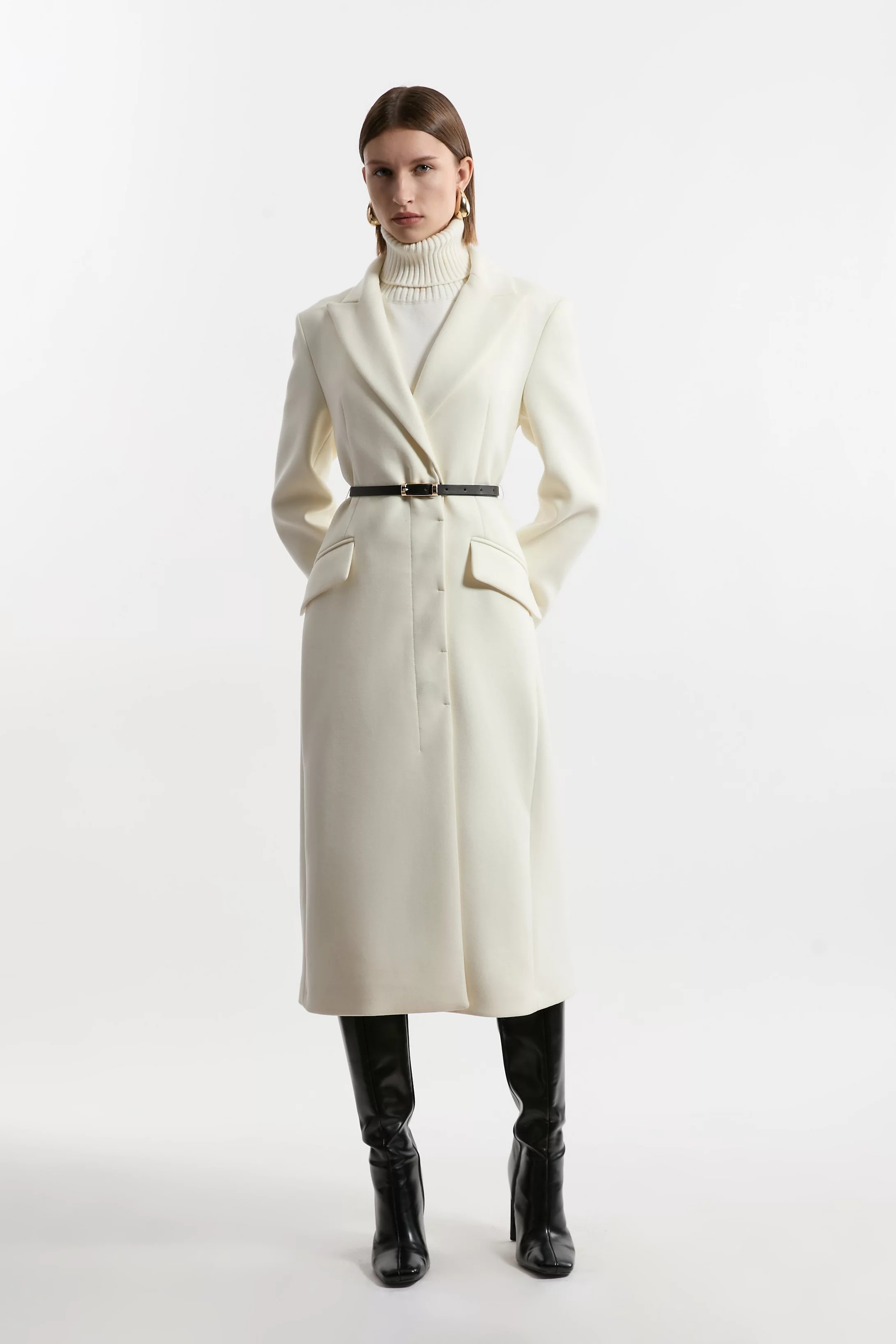 Premium Italian Manteco Wool Single Breasted Belted Tailored Maxi Coat | Karen Millen UK + IE + DE + NL