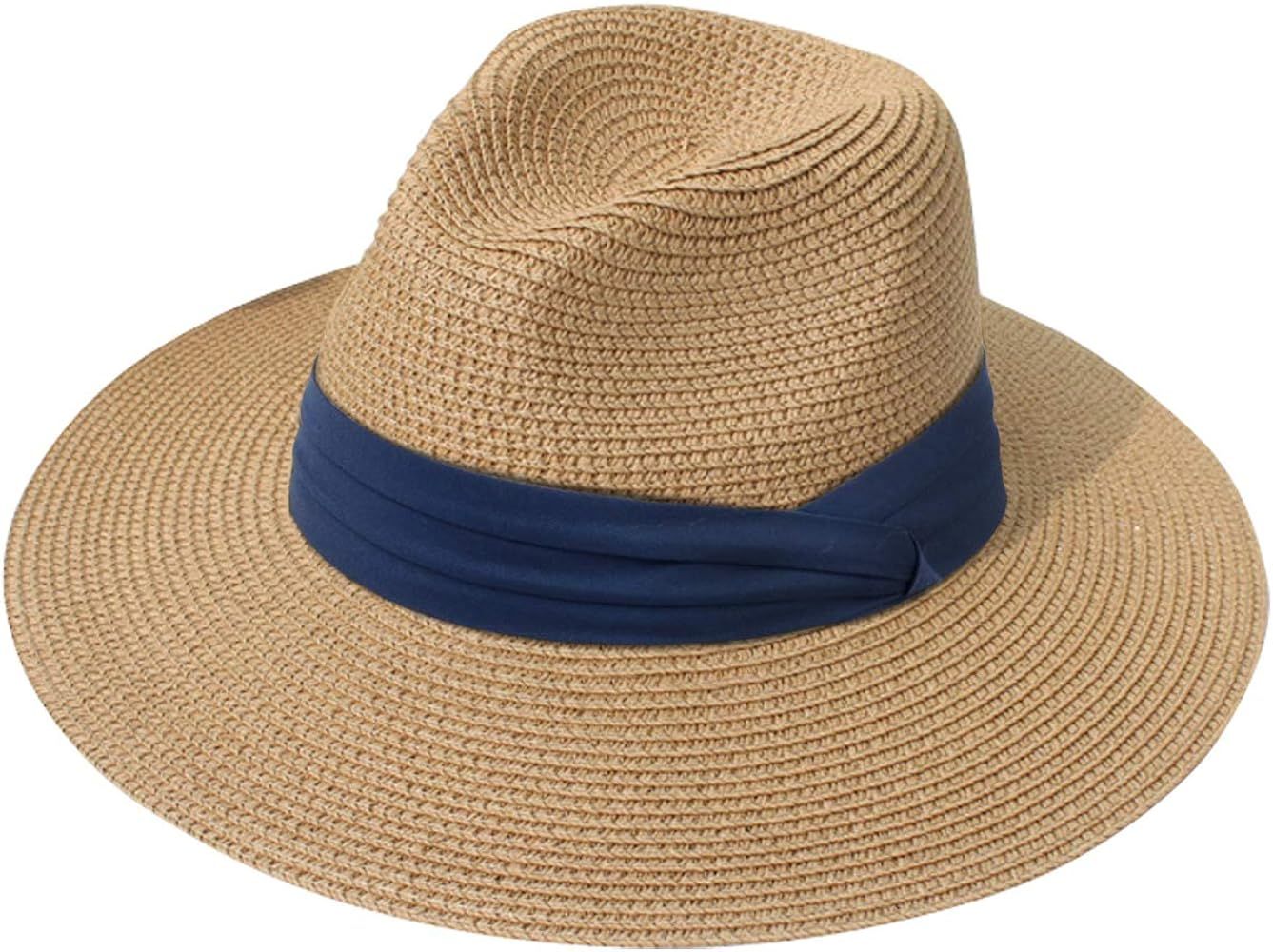 Women Wide Brim Straw Panama Roll up Hat Fedora Beach Sun Hat UPF50+ | Amazon (US)