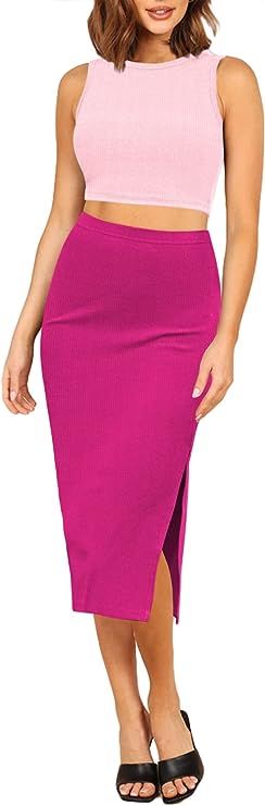 Pink Queen Women's 2 Piece Crew Neck Sleeveless Ribbed Tank Top Bodycon Slit Midi Skirt Outfit Dr... | Amazon (US)