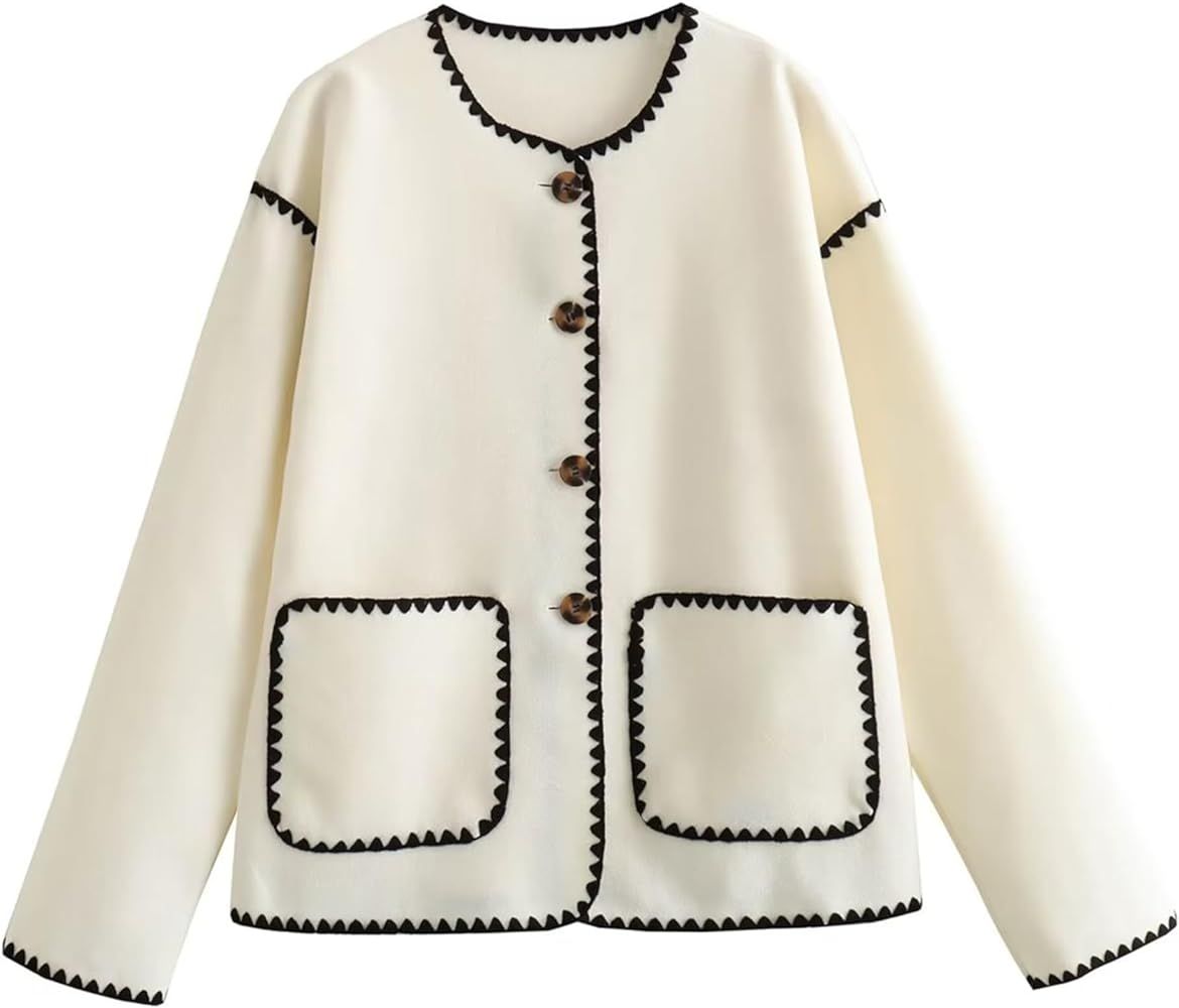 Yeokou Women Wool Blend Jacket Contrast Color Crew Neck Button Down Cardigan Coat Casual Outwear ... | Amazon (US)