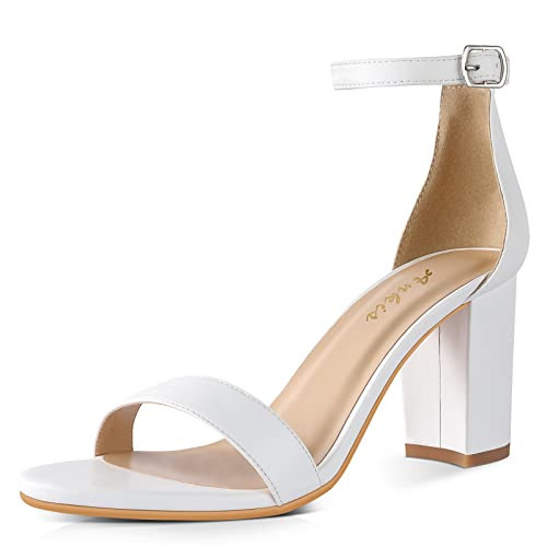Ankis White Heels for Women - Open Toe Ankle Strap Chunky Heel Pump Sandals Party Wedding Strappy Buckle Sandals Standard Size 2.75 Inches Tall Thick Heel Design | Amazon (US)