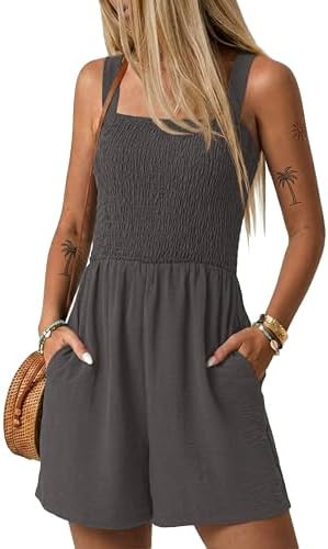 Womens Rompers for Summer Casual Smocked Jumpers Overalls Square Neck Jumpsuits with Pockets Beac... | Amazon (US)