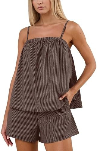 Burtell Summer Striped Short Sets Women 2 Piece Outfits Sleeveless Tank Tops Wide Leg Shorts Matc... | Amazon (US)