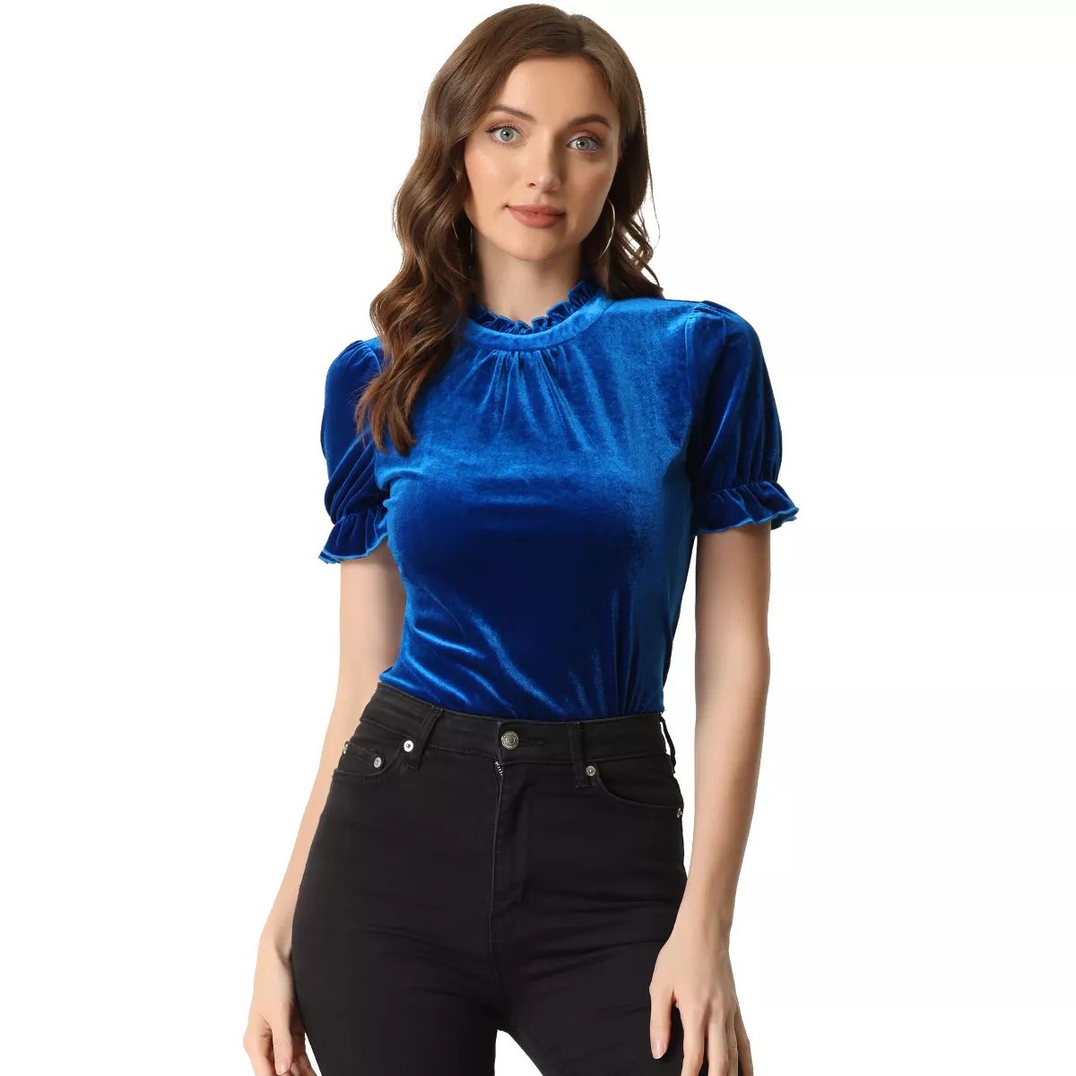 Allegra K Women's Short Sleeve Velvet Keyhole Back Ruffle mock neck Shirt | Target