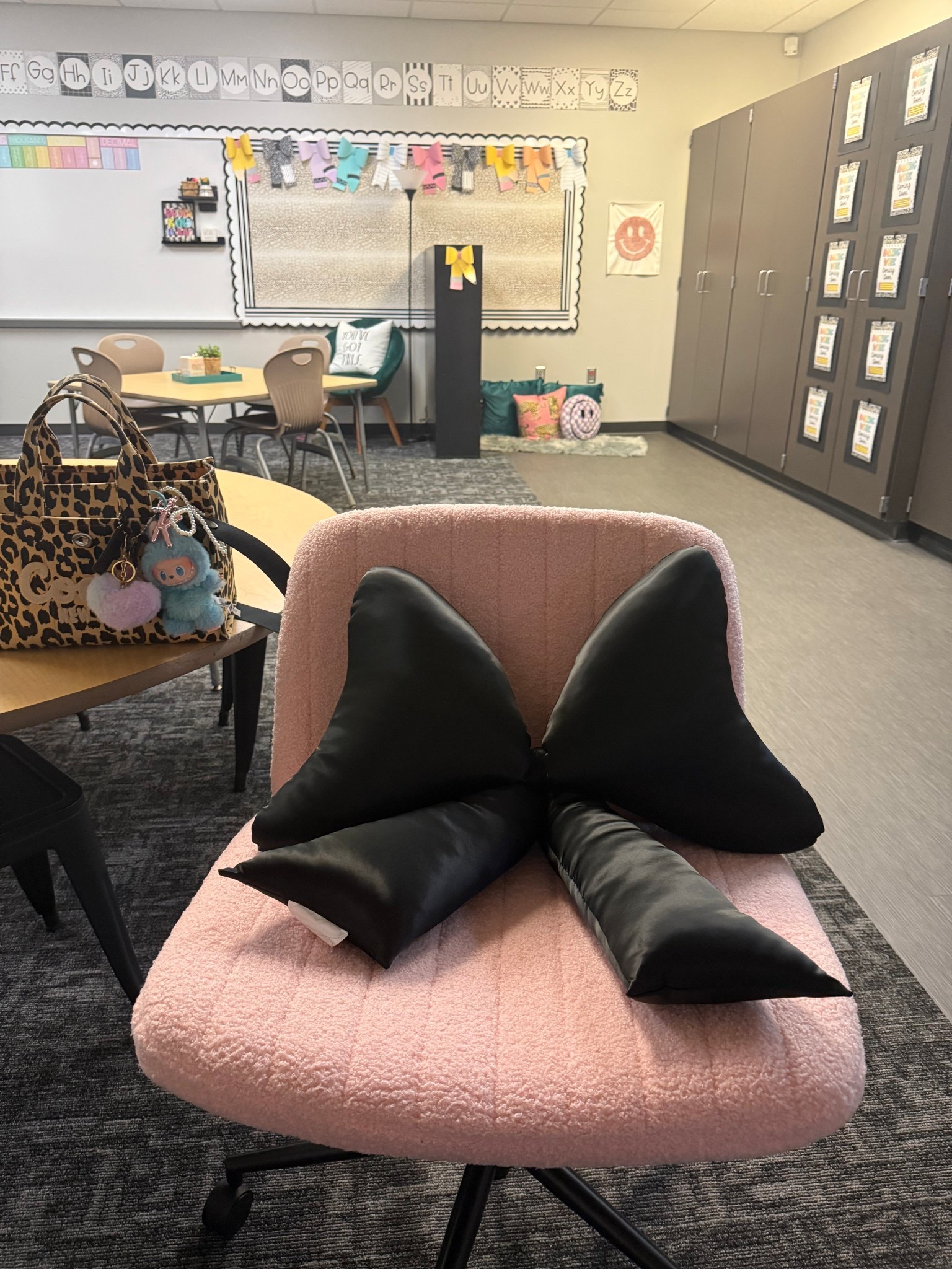 Back 2 School season! Classroom decor! Pink teddy criss cross chair! Stain bow throw pillow! 

#LTKHome #LTKSeasonal