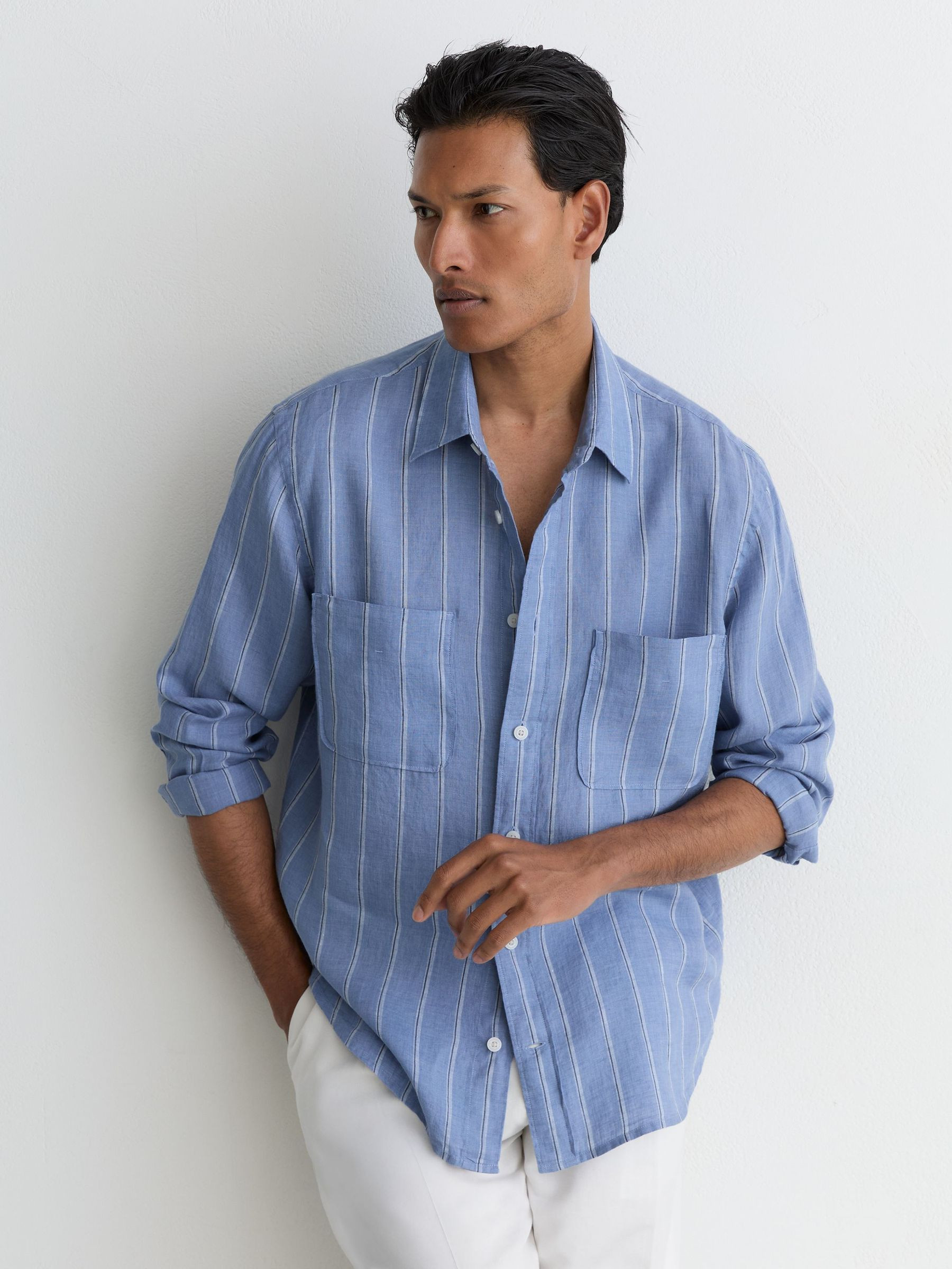 Reiss Linen Striped Regular-Fit Shirt in Blue/White | REISS | Reiss DE