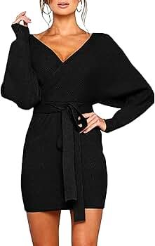 Mansy Women's Sexy Cocktail Batwing Long Sleeve Backless Mock Wrap Knit Sweater Mini Dress | Amazon (US)