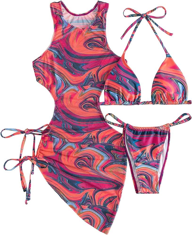 3 Piece Swimsuits for Women Padded Floral Print String Bikini Sets Bathing Suit Set Sexy Cutout H... | Amazon (US)