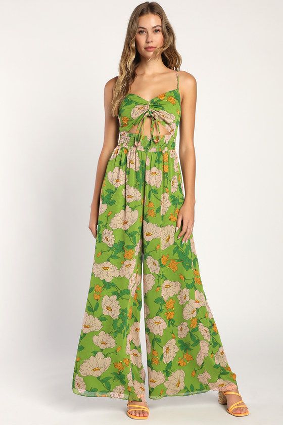 Garden of Plenty Green Floral Print Cutout Wide-Leg Jumpsuit | Lulus (US)