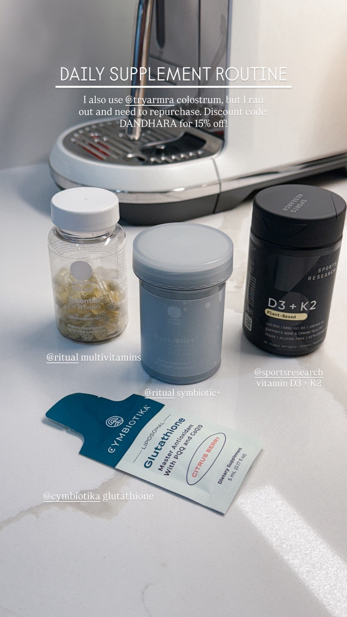 DAILY SUPPLEMENTS ✨

I also use @tryarmra colostrum, but I ran out and need to repurchase. Discount code: DANDHARA for 15% off!