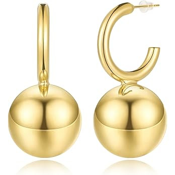 KissYan Gold Ball Earrings, 14K Gold Plated Round Beads Dangle Earrings Statement Drop Hoops Earr... | Amazon (US)