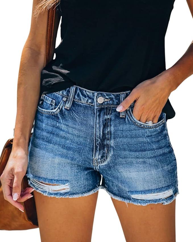 MIFOCAL Women's Ripped Denim Summer Jean Shorts Mid Rise Folded Hem Jeans Shorts | Amazon (US)