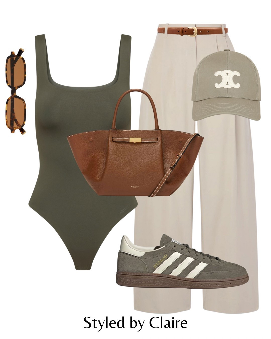 Elevated basics🫒
Tags: Zara khaki bodysuit tailored trousers darted wide leg cream neutral brown belt demellier London tote bag everyday airport bag adidas spezial trainers green cap sunglasses fashion summer spring inspo outfit ideas chic city break girl Barcelona Dubai office wear workwear style

#LTKstyletip #LTKsummer