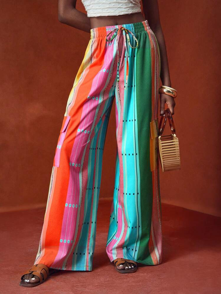 Zivah 2025 Spring And Summer New Vacation & Holiday Leisure & Music Festival Loose Workwear Large Pockets Colorful Stripe Retro Printing Women's High Waist Wide Leg Pants-B,Bohemian Clothes | SHEIN