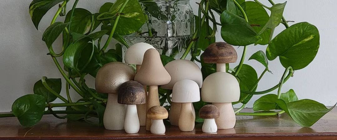 Natural Neutral Set Hand Painted Wooden Mushrooms Planter Stick, Shelf Sitter, Tiered Tray Decor,... | Etsy (US)