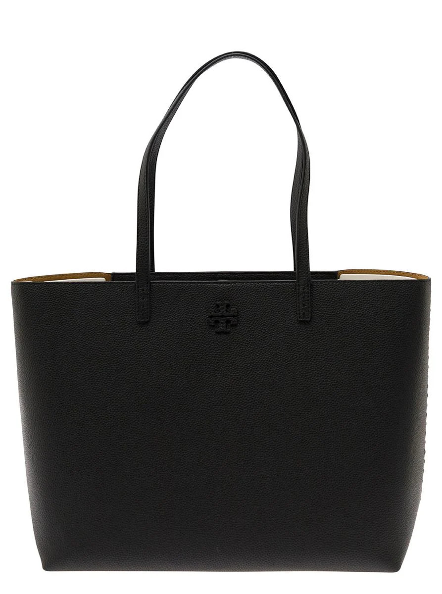 'Mcgraw' Black Tote Bag Wit Double T Detail In Grainy Leather Woman | Baltini