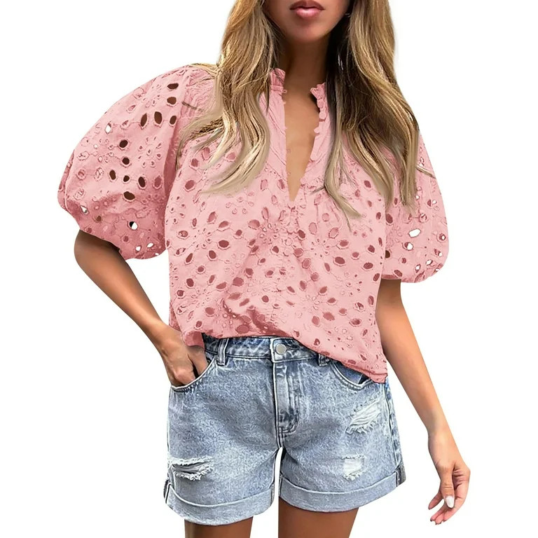 Knosfe Women's Eyelet Tops Puff Sleeve Tops Embroidered Dressy Casual White Blouse Hollow Out V N... | Walmart (US)