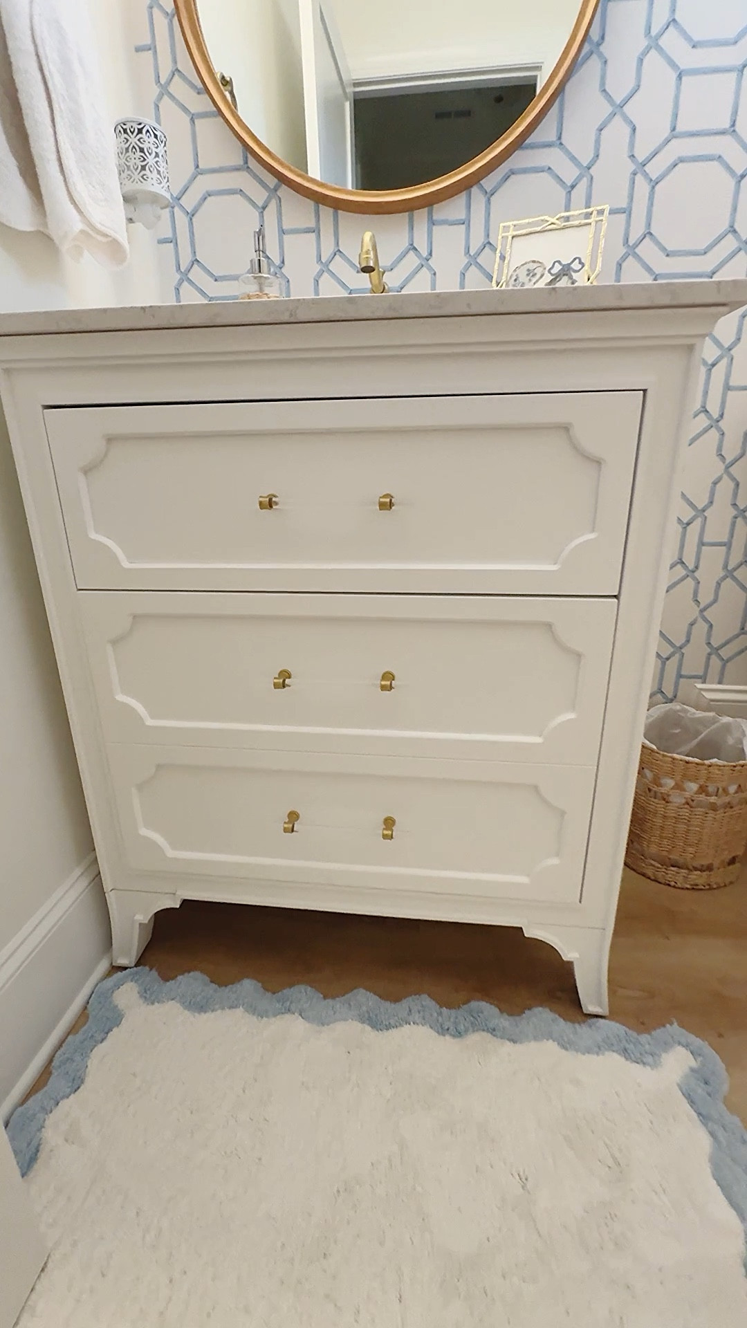 Powder Bathroom Details💙 half bathroom, powder bathroom, coastal grandmother, coastal grandma, coastal decor, coastal design, coastal aesthetic, coastal home, coastal style, neutral style, preppy style, grand millennial, Amazon home finds, gold accents, affordable home trends. 

#LTKSaleAlert #LTKHome #LTKStyleTip