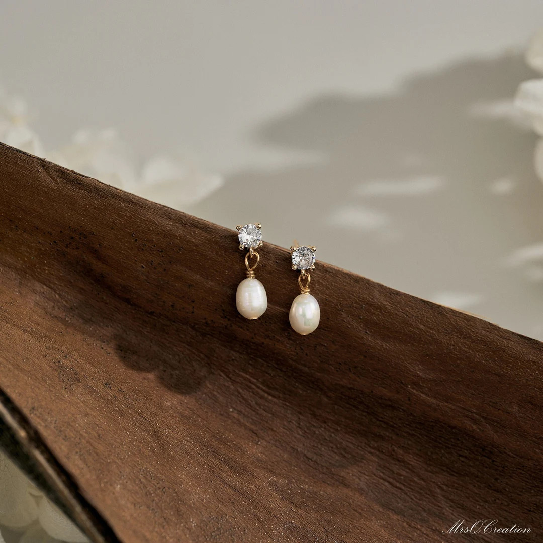 Diamond Pearl Drop Earrings, Minimalist Pearl Earrings, Women Diamond Earrings, Stud Earrings, Br... | Etsy (US)
