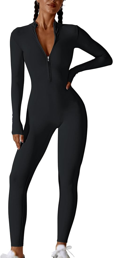 Hotfiary Jumpsuits for Women Long Sleeve Zip Up Full Length Romper Playsuit Bodycon Unitard One P... | Amazon (US)