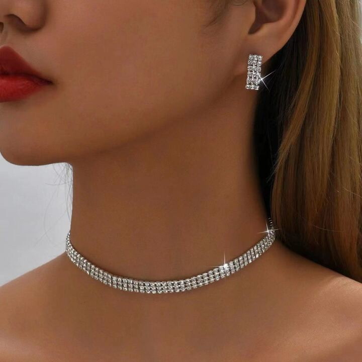 2pcs Classic Rhinestone Earrings & Necklace Jewelry Set For Women, With Multilayer Silver Rhinest... | SHEIN
