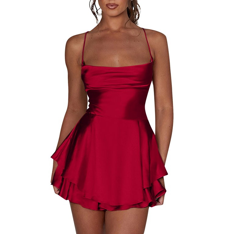 RPVATI Womens Cowl Neck Backless Short Romper Y2k Tie Satin Dress Bandage Ruffle Mini Dress Sexy ... | Walmart (US)