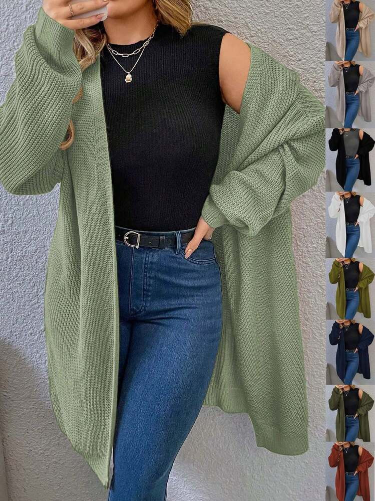SHEIN Relaxiva Plus Size Women Mint Green Knitted Cardigan Sweater Solid Color Open Shoulder Long... | SHEIN