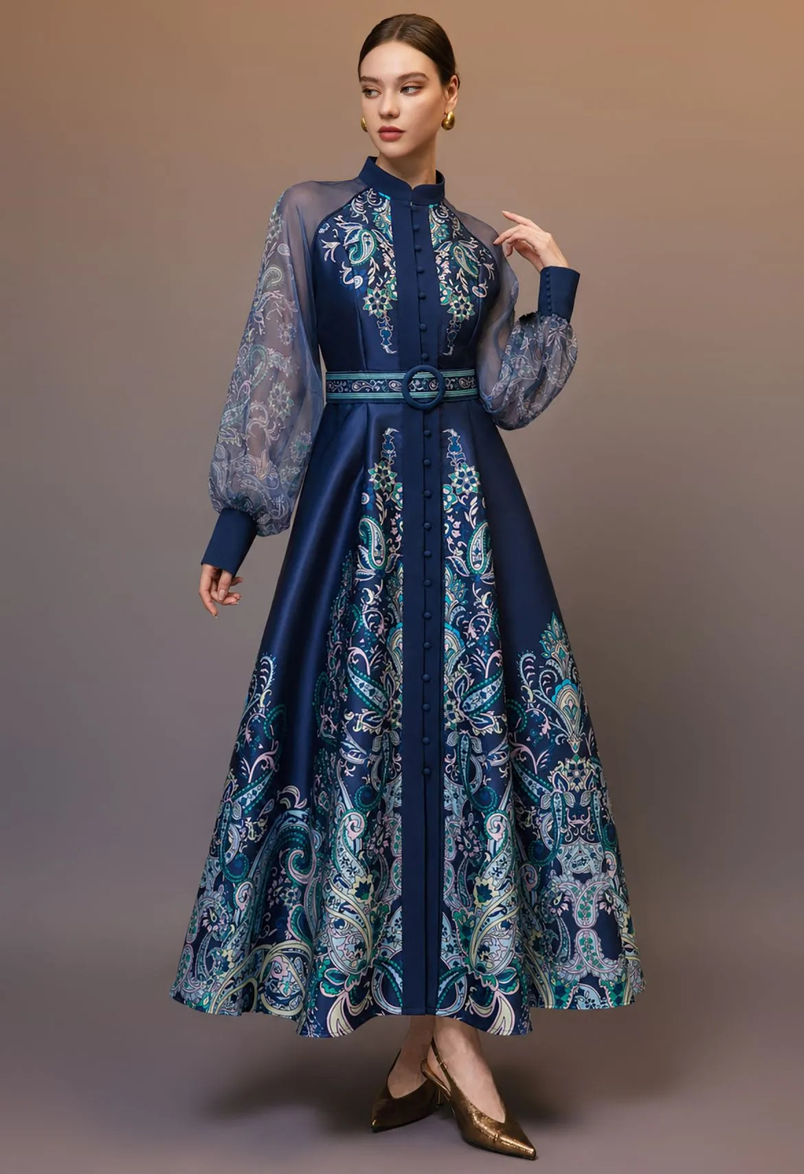 Noble Paisley Button-Up Belted Maxi Dress in Navy for Bohemian Festivals & Evening Occasions | Chicwish