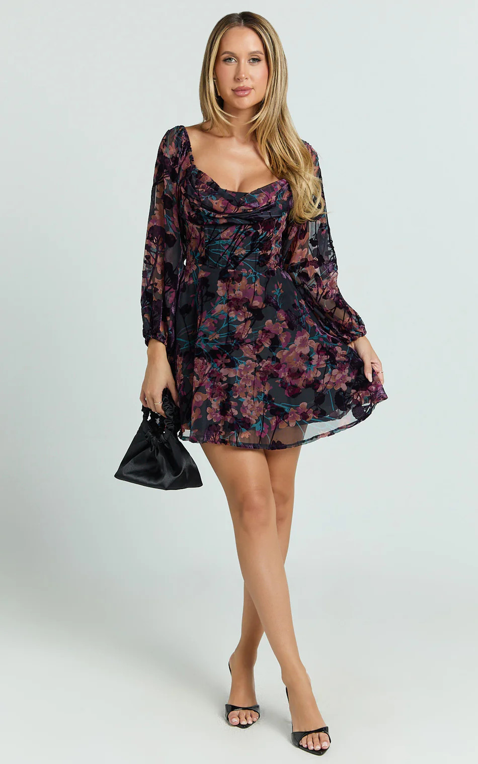 Jessell Mini Dress - Long Sleeve Cowl Corset Dress in Burnt Out Floral | Showpo (US, UK & Europe)