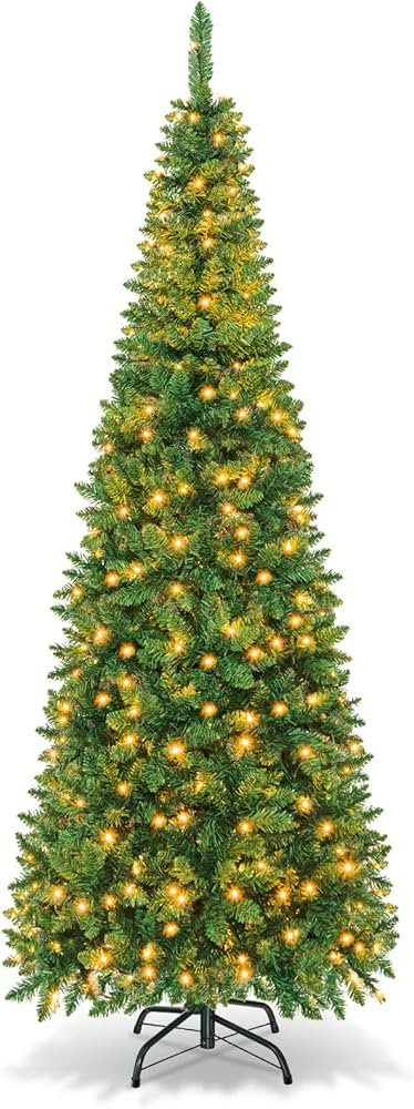 Goplus Prelit Pencil Christmas Tree, Premium Hinged Fir Tree, with LED Lights and Solid Metal Sta... | Amazon (US)