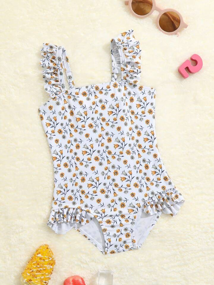 Baby Girl Ditsy Floral Print Ruffle Trim One Piece Swimsuit | SHEIN