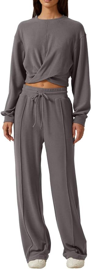 QINSEN Women 2 Piece Outfits Sweatsuit Set Twist Front Cropped Sweatshirt Wide Leg Sweatpant Loun... | Amazon (US)