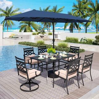 8-Piece Metal Outdoor Dining Set with Beige Cushions and Navy Blue Umbrella | The Home Depot