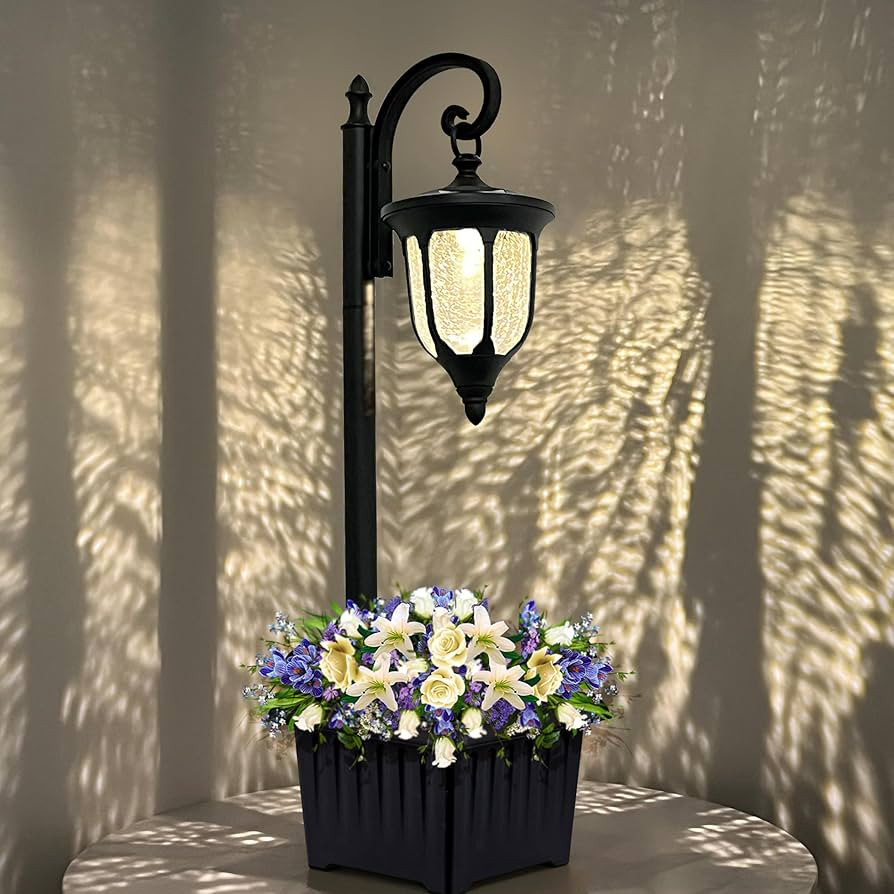 Solar Lamp Post Light with Planter, Outdoor Solar Lights with Crackle Glass, Matte Black Outdoor ... | Amazon (US)