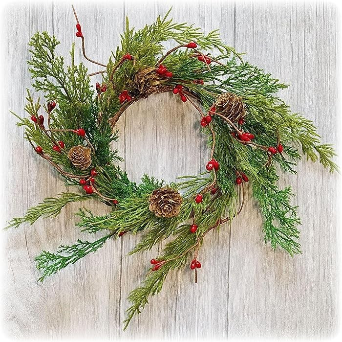 Small Wreath Mini Wreath Realistic Cedar with Pine Cones 12 Inch Indoor Candle Ring | Amazon (US)