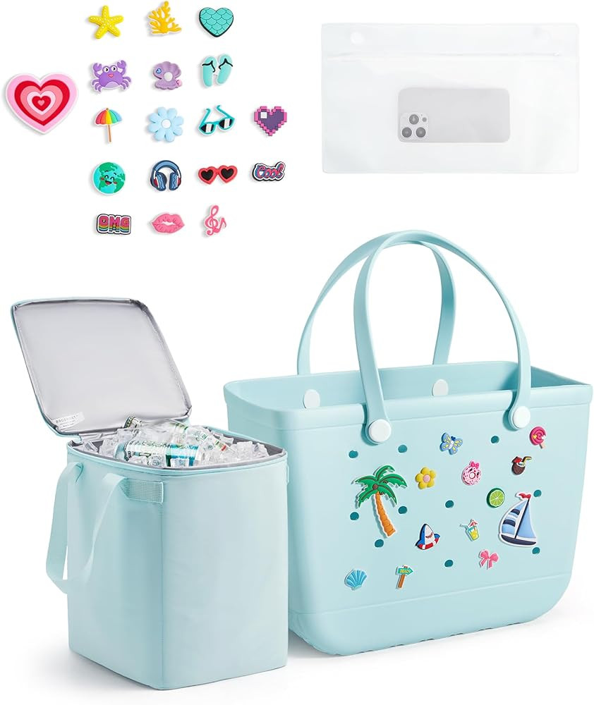 BAGSMART Large Beach Bag for Women with Cooler, Rubber Tote Bag with Charms, Waterproof Vacation ... | Amazon (US)