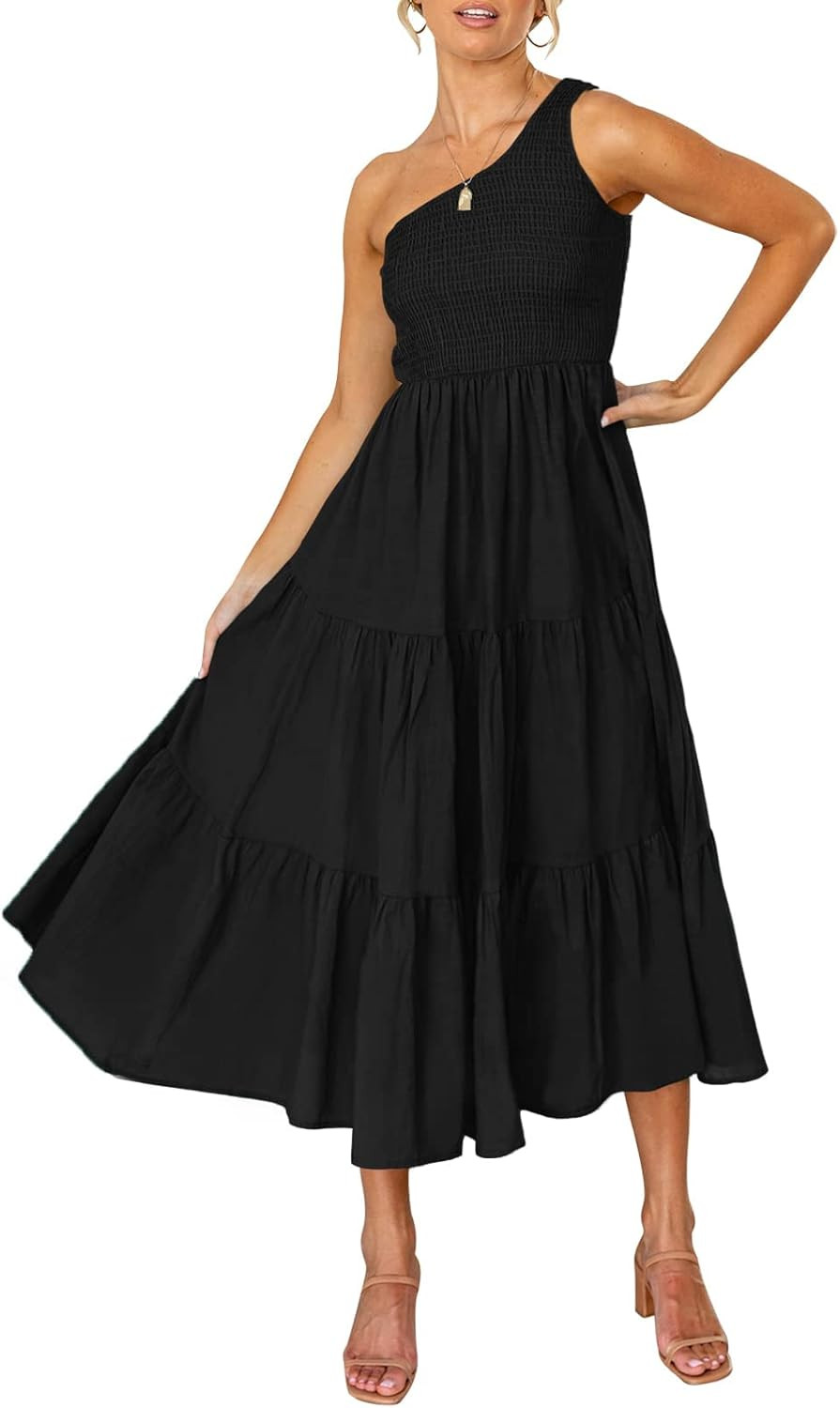 ZESICA Women's 2023 Bohemian Summer Floral Print One Shoulder Sleeveless Smocked Ruffle Tiered Be... | Amazon (US)