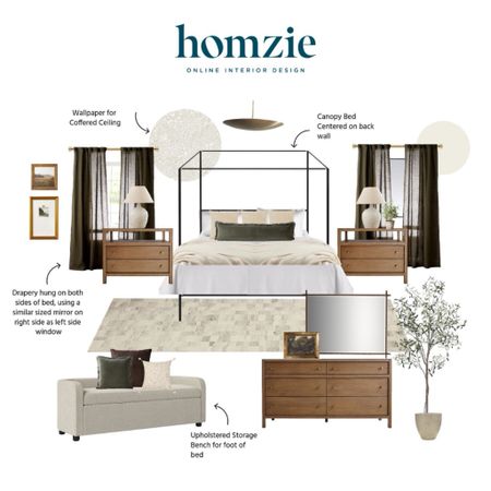 We loved designing this modern classic bedroom for our virtual interior design client. This space features a wallpapered coffered ceiling, wooden side tables and dresser, a rod iron canopy, and dark linen drapery on each side. 

Work 1:1 with a Homzie virtual interior designer for a low flat-rate and receive a custom, shoppable decorating plan! - all online.  Get started homziedesigns.com/work-with-us 
 

#LTKSaleAlert #LTKHome #LTKFindsUnder100