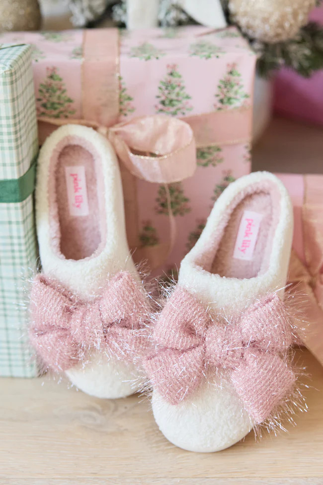 Cozi Pink Tinsel Bow Shearling Slippers FINAL SALE | Pink Lily