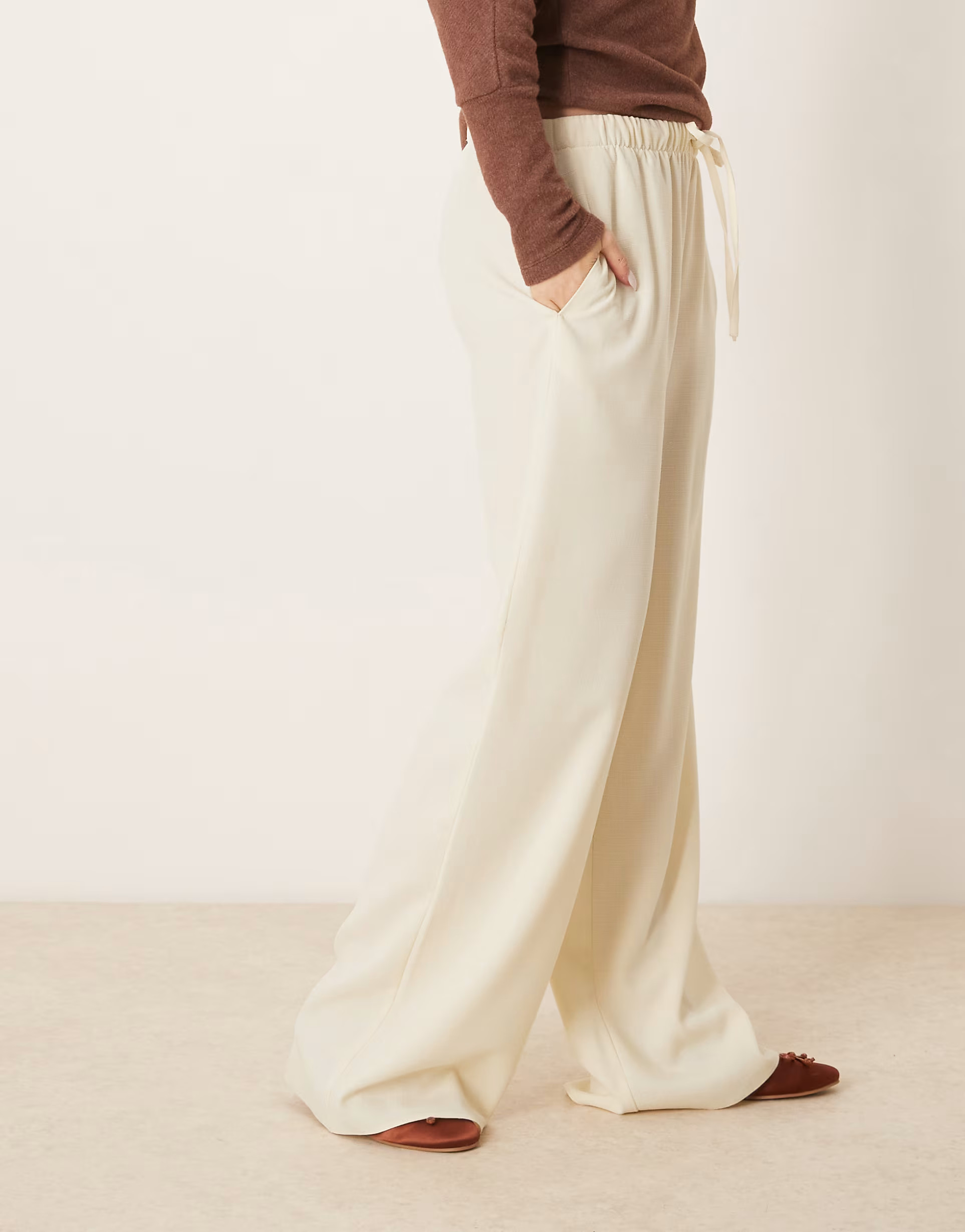 ASOS DESIGN linen look tailored tie waist pull on trouser in buttermilk | ASOS (Global)